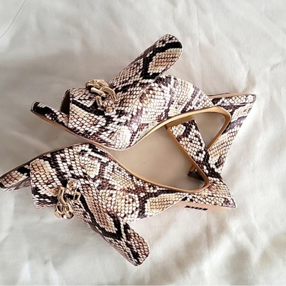 White House Black Market Shoes - White House Black Market White Brown W/ Gold Chain Snakeskin Mule Heels Sz 6.5